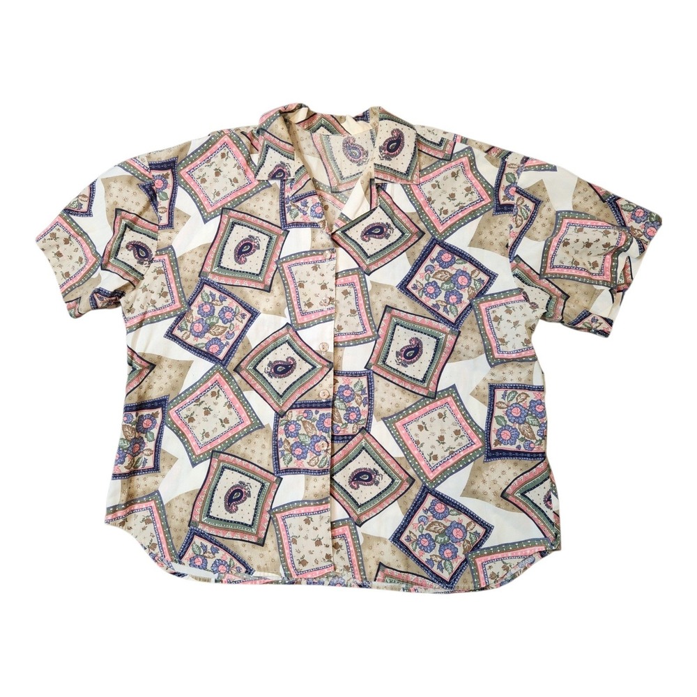 Vintage Patchwork Paisley Floral Blouse Women 2XL Tan Pink Blue Excellent Retro
